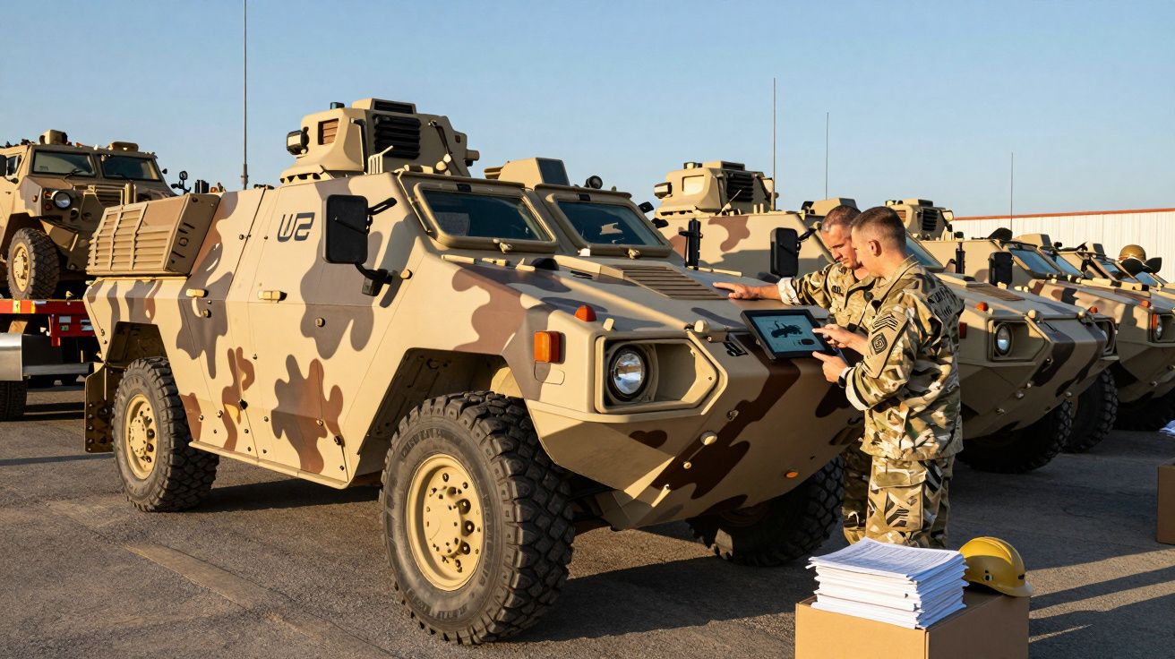 Soldados em uniforme camuflado junto a veículos militares blindados estacionados ao ar livre.