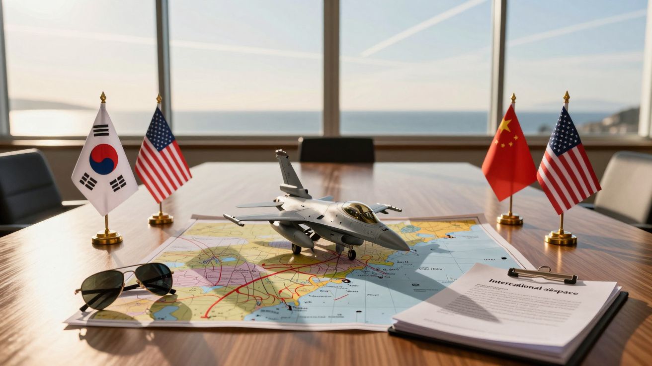 Mesa de reunião com mapa, modelo de avião, óculos, documentos e quatro pequenas bandeiras nacionais.