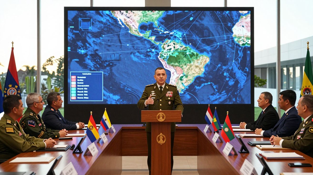 Militares reunidos numa conferência com grande ecrã de mapa-múndi digital ao fundo.