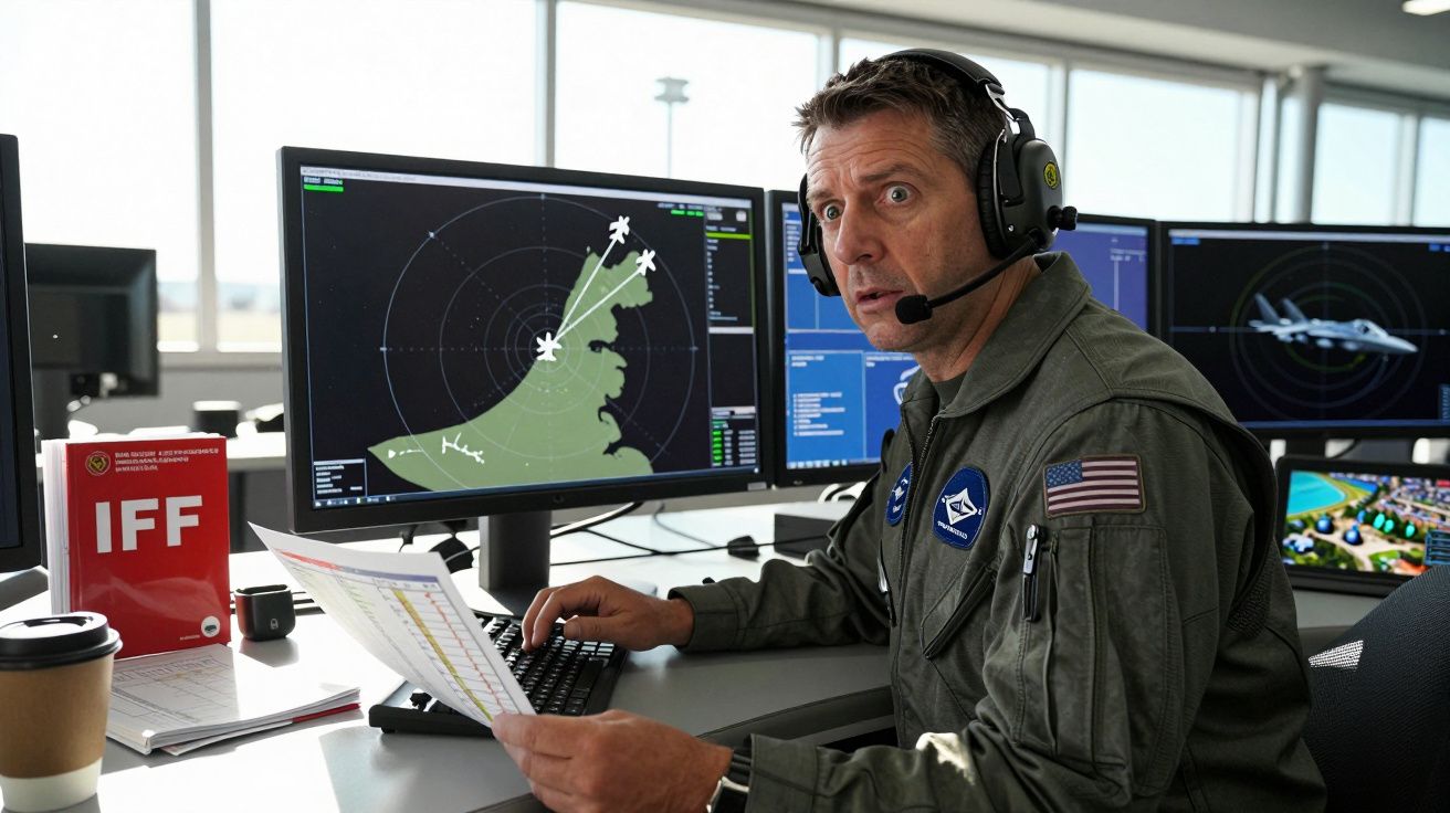 Homem com farda militar e auscultadores controla radar aéreo em estação moderna com vários ecrãs.