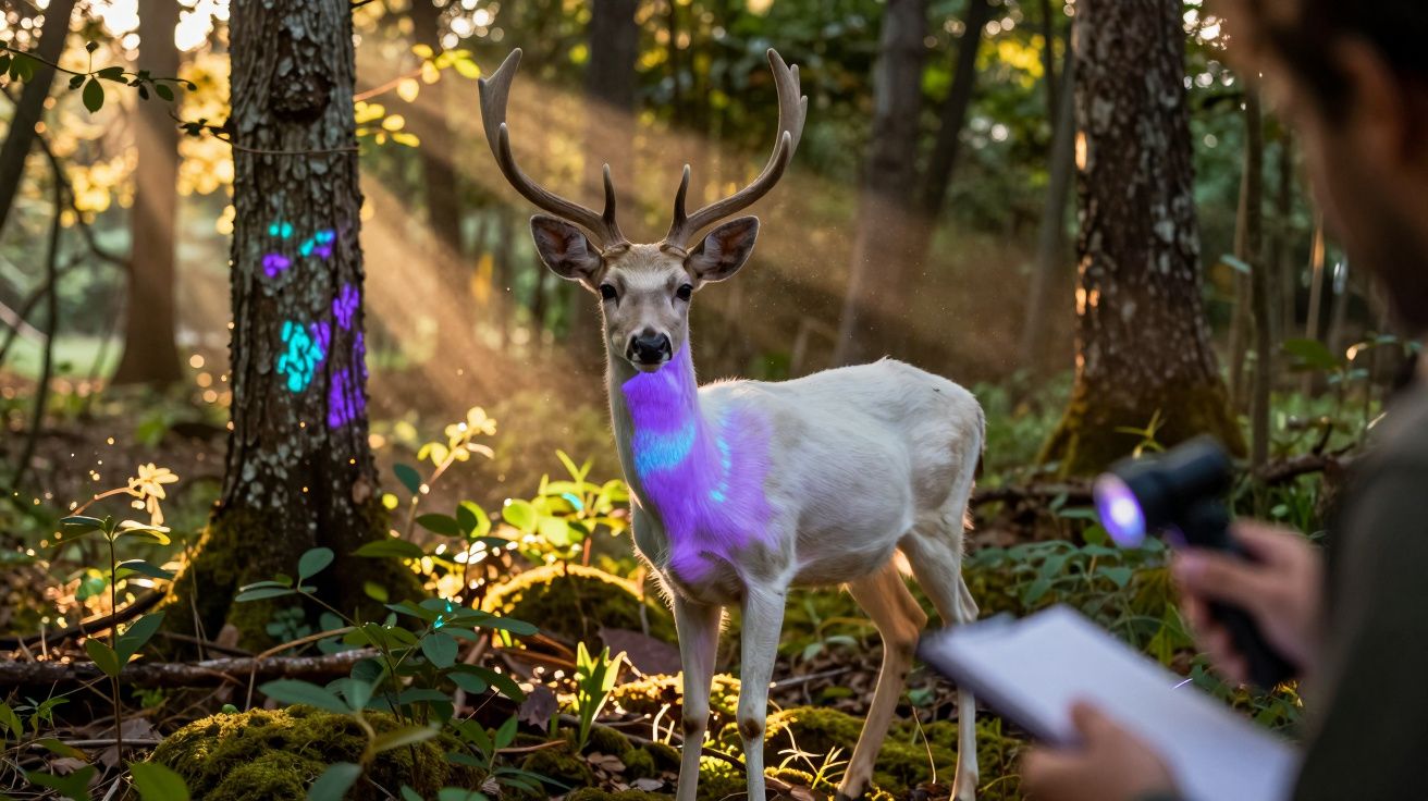 Veado branco numa floresta iluminada pelo sol, com luz ultravioleta a destacar manchas no seu corpo.