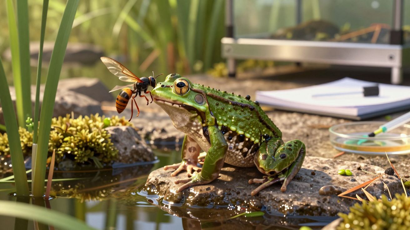 Rã verde na pedra perto de água com vespa pousada no focinho, plantas aquáticas e material de laboratório ao fundo.
