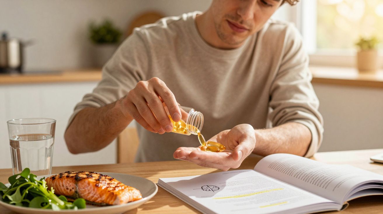 Homem a verter cápsulas de óleo de peixe na mão junto a prato com salmão e copo de água numa mesa de cozinha.