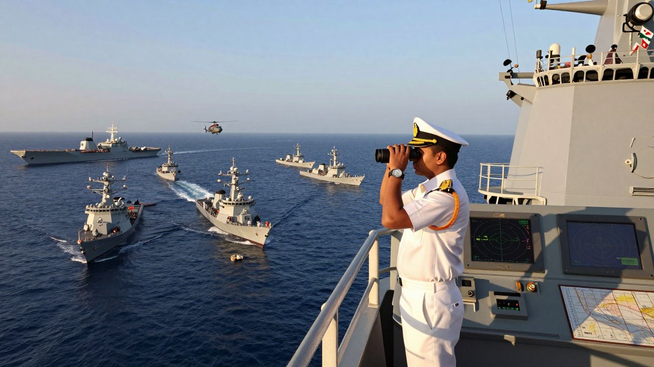 Oficial naval em uniforme branco observa com binóculos frota de navios e helicóptero no mar azul calmo ao pôr do sol.