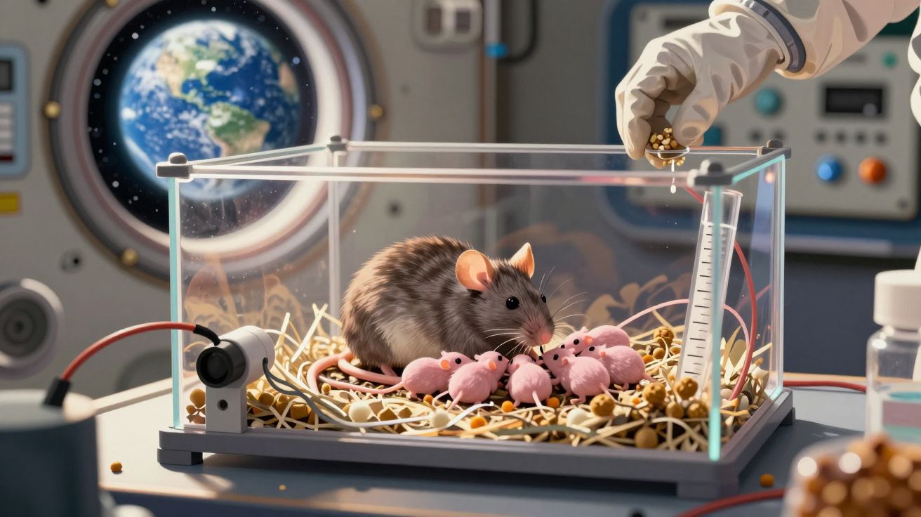 Rato mãe com crias dentro de um terrário em ambiente de laboratório espacial, com um astronauta a alimentar.