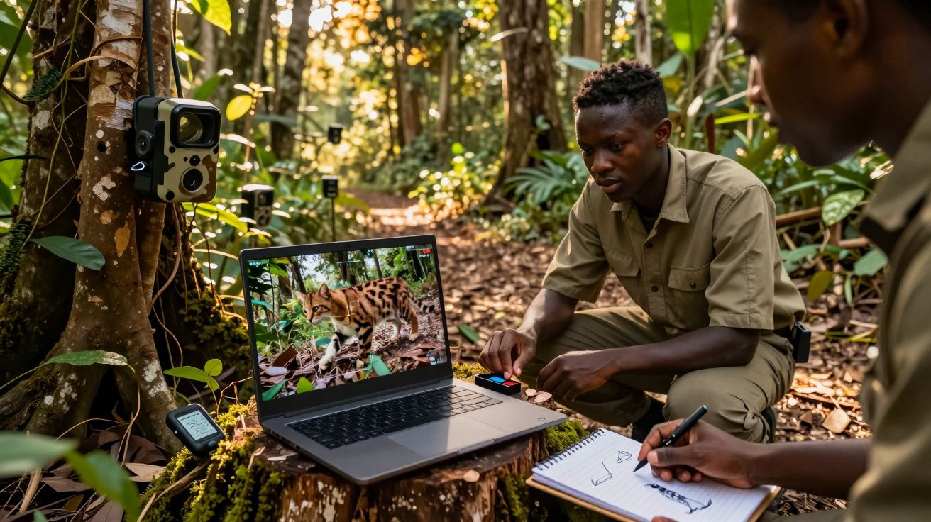 Dois investigadores em uniforme registam e analisam imagens de gato-do-mato num ambiente de floresta tropical.