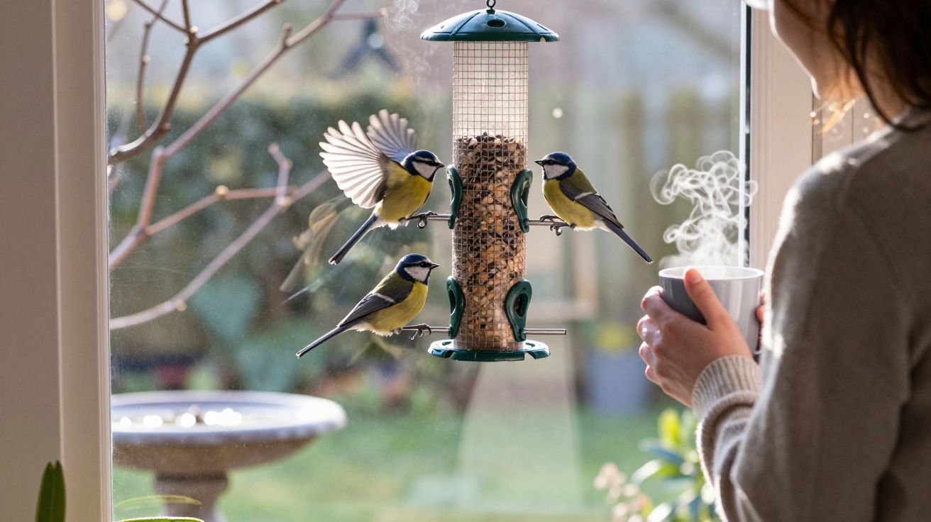 Mulher observa pardais a alimentarem-se num comedouro pendurado na janela, segurando chá quente.