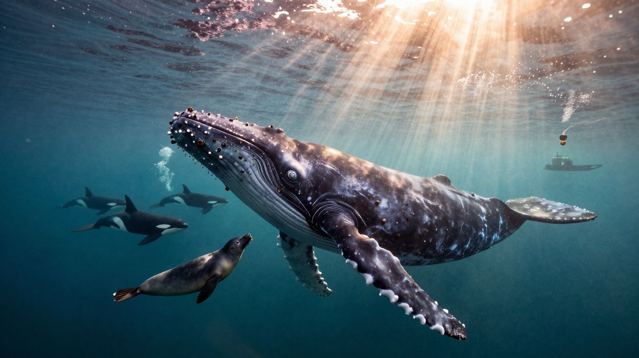 Baleia jubarte, leão-marinho, orcas e submarino sob luz solar no oceano azul profundo.