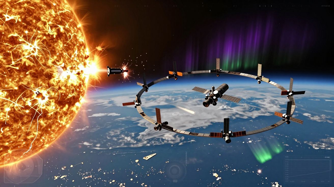Satélite envia sinais ao espaço perto do sol com anel de estações espaciais na órbita terrestre.