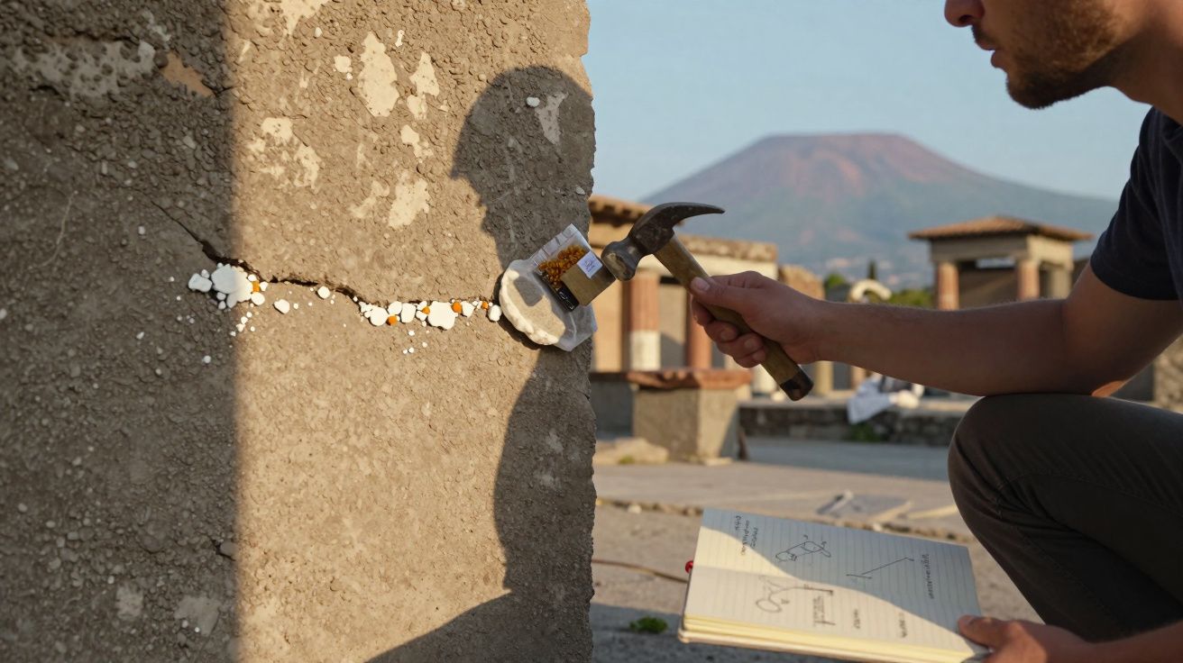 Pessoa a usar martelo para estudar fissura numa parede antiga, com caderno de anotações aberto.