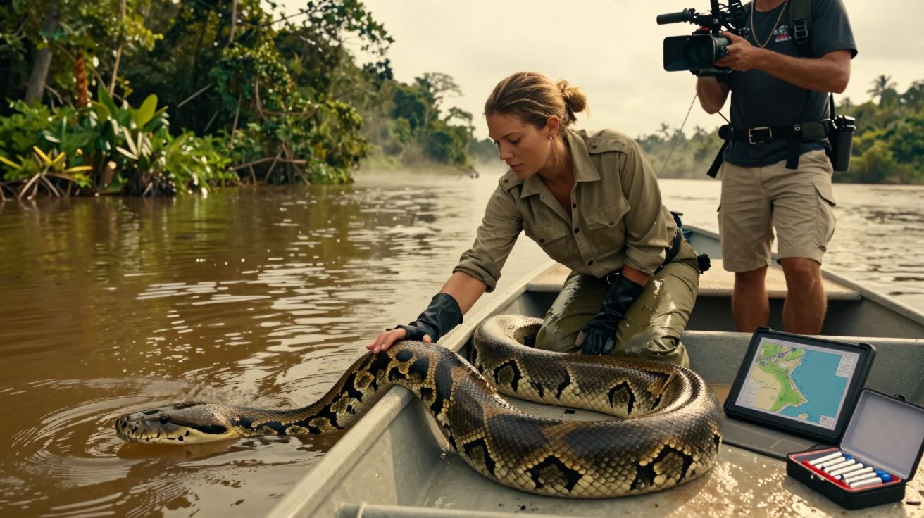 Mulher toca em enorme píton no barco enquanto homem grava, num rio cercado por vegetação densa.