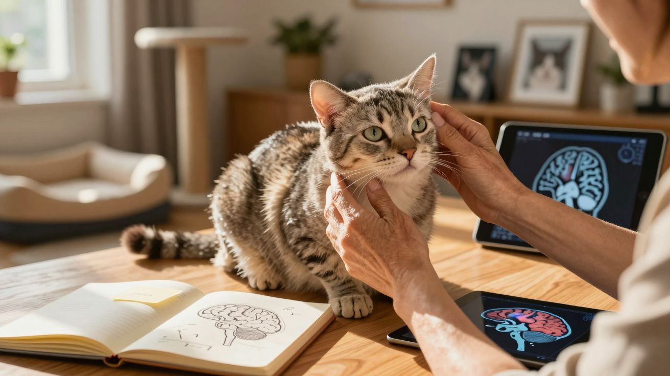 Gato cinzento em cima de mesa com uma pessoa a acariciá-lo, perto de desenhos e ecrãs de cérebro.