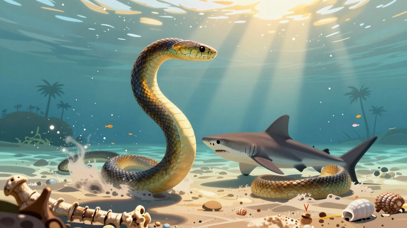 Cobra marinha ergue-se no fundo do oceano diante de um tubarão com raios de luz a atravessar a água.