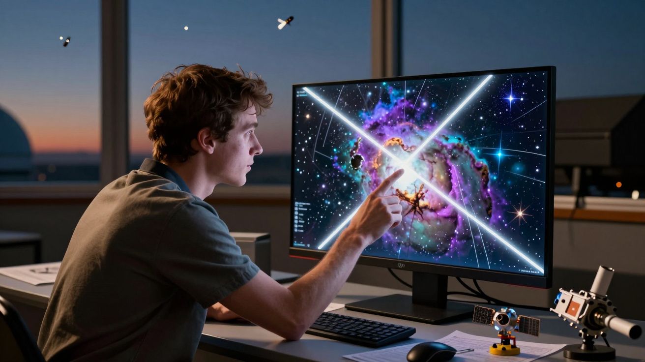 Homem observa e interage com imagem cósmica num ecrã de computador num escritório à noite.