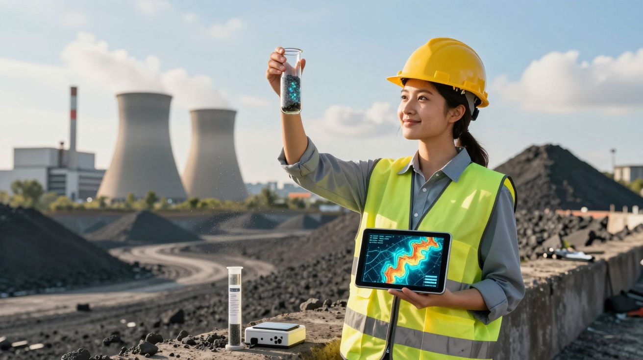 Engenheira a analisar amostra numa zona industrial com central térmica ao fundo, usando colete e capacete.