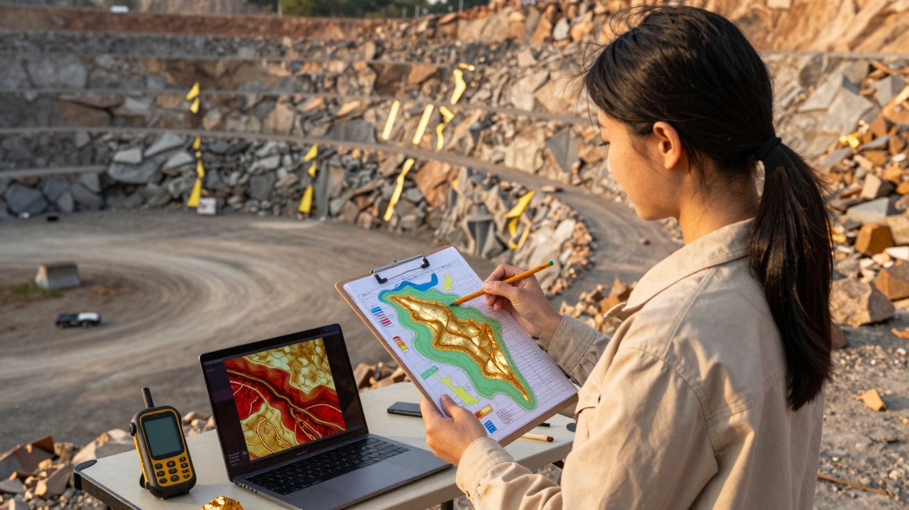 Mulher a analisar mapa topográfico numa pedreira com laptop, rádio e GPS sobre a mesa.