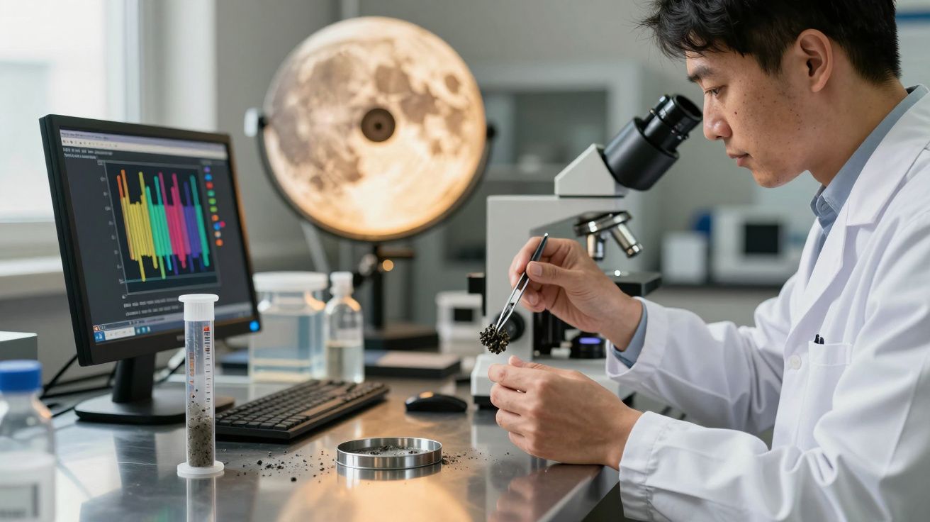 Cientista a analisar amostra de solo com pinça num laboratório com computador e microscópio.