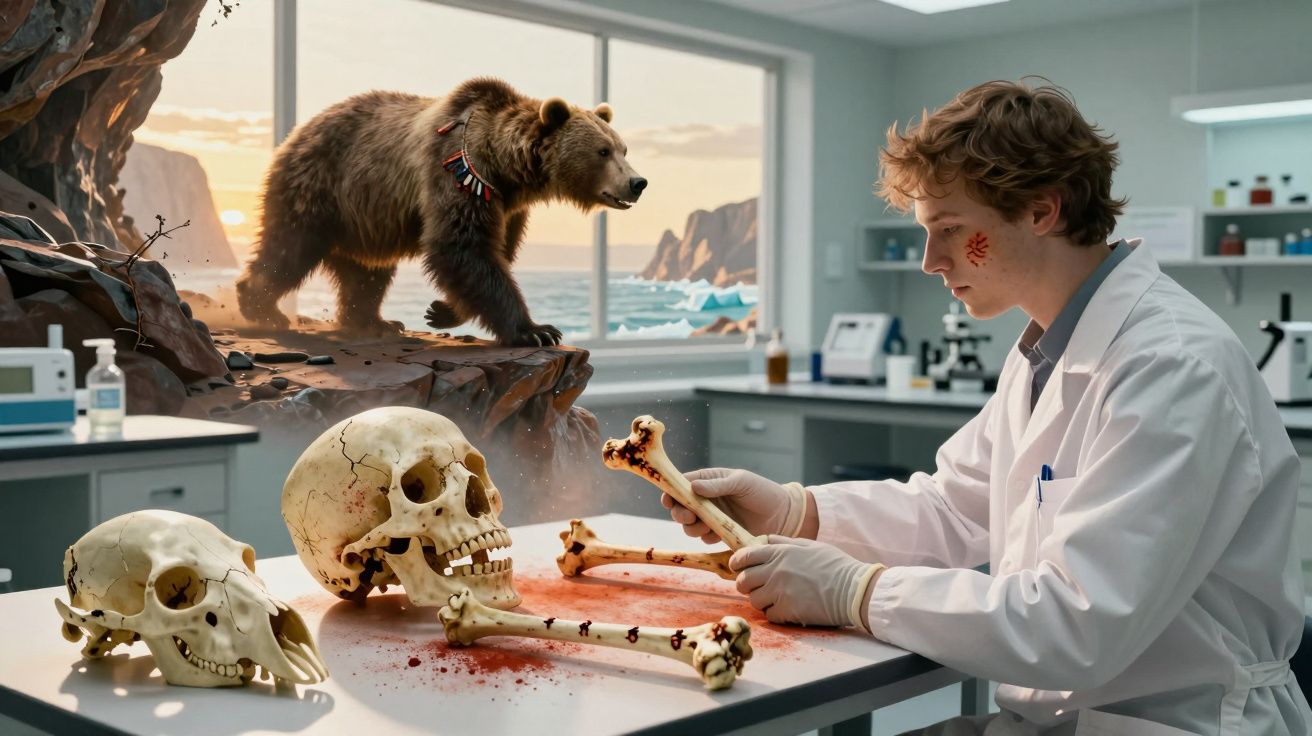 Jovem cientista analisa ossos humanos e animal em laboratório com urso observando através da janela.