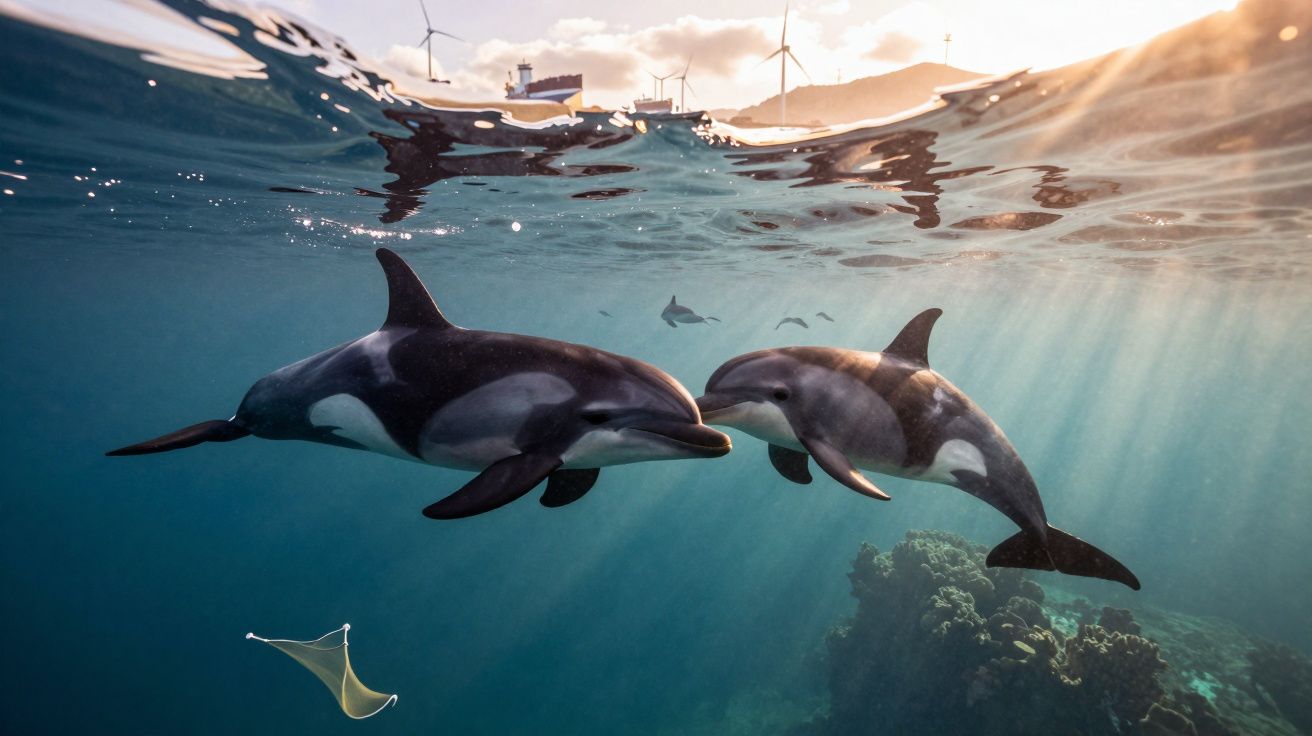 Dois golfinhos nadam debaixo de água com turbinas eólicas e barco ao fundo ao pôr do sol.