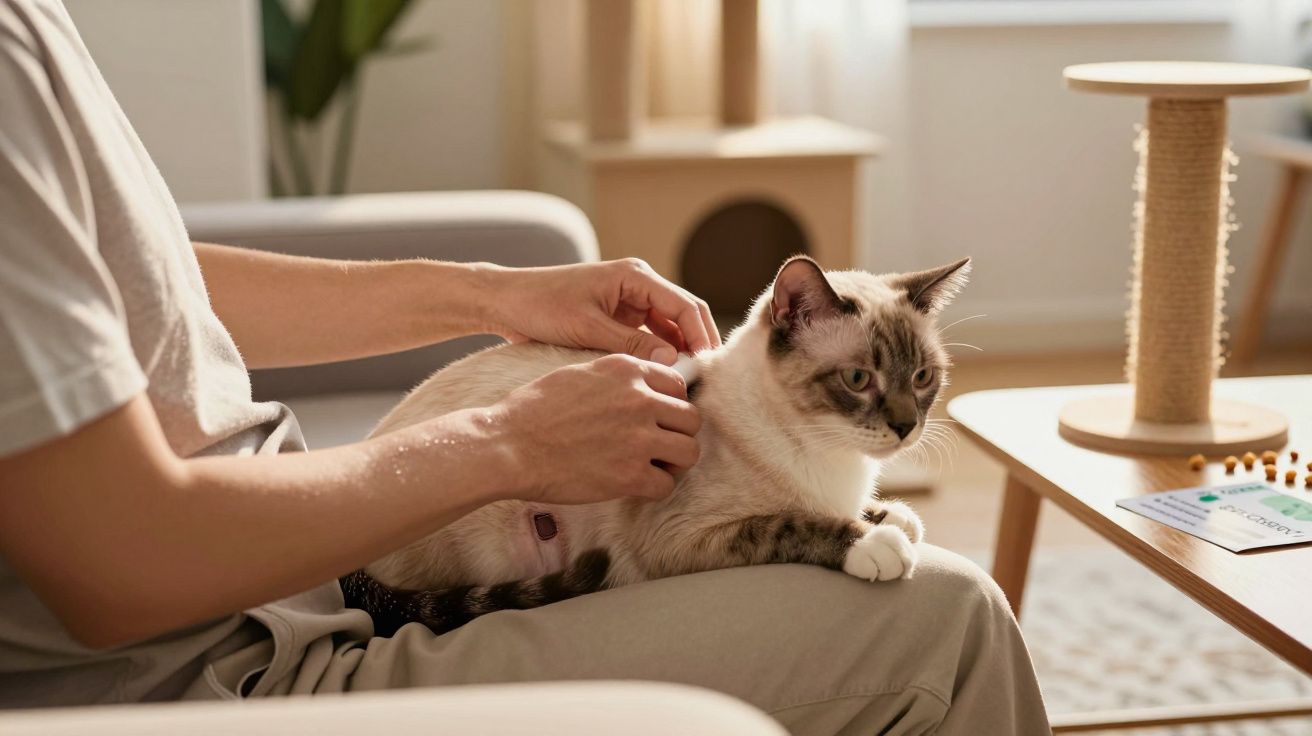 Pessoa a acariciar um gato Siamês sentado no colo numa sala iluminada com arranhador e móveis de madeira.
