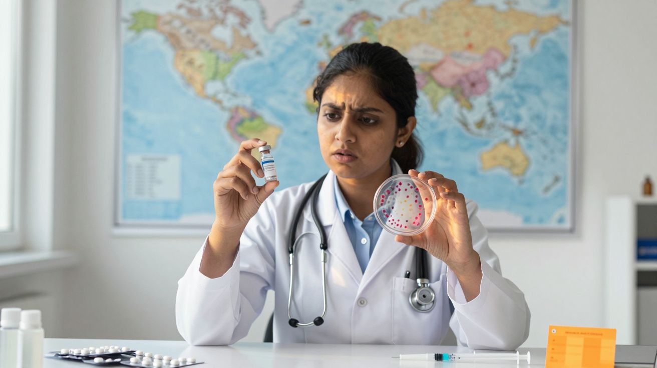 Médica com bata branca analisa frasco de vacina e placa de Petri com bactérias numa sala com mapa mundi.