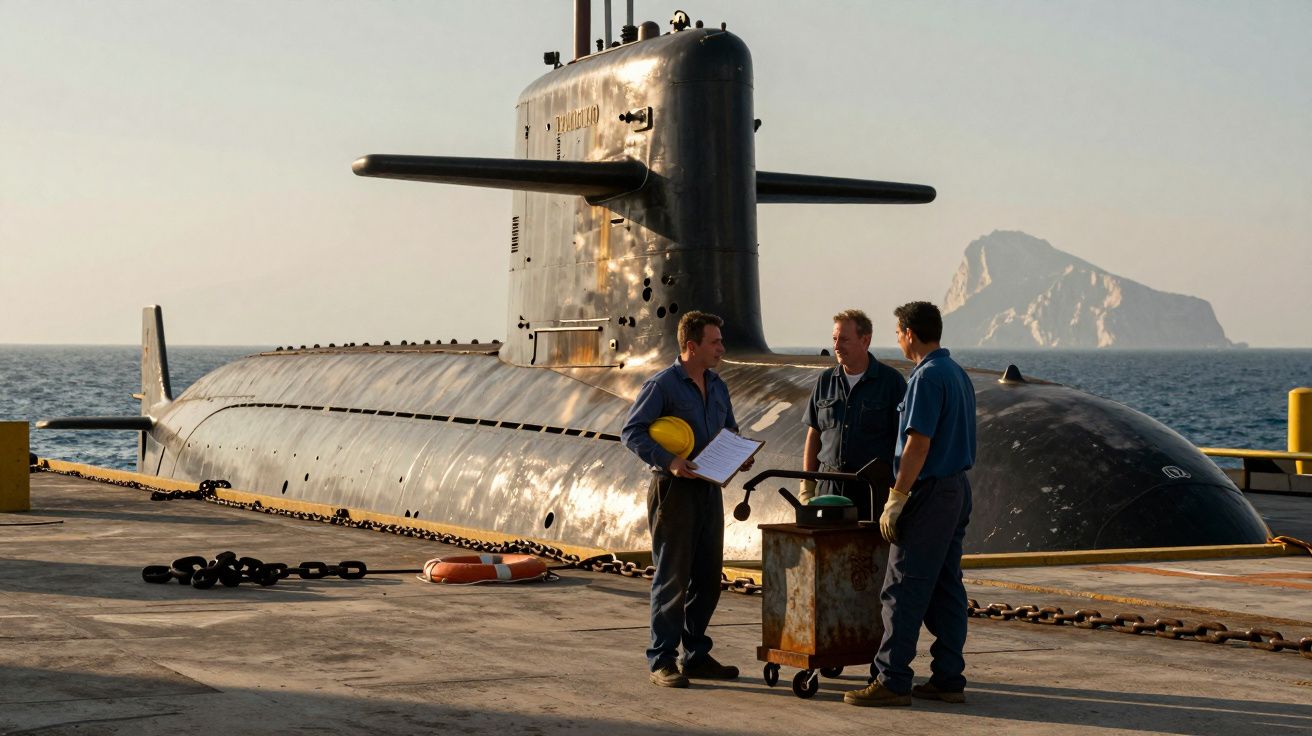 Três homens em uniforme conversam junto a um submarino ancorado num porto marítimo ao pôr do sol.