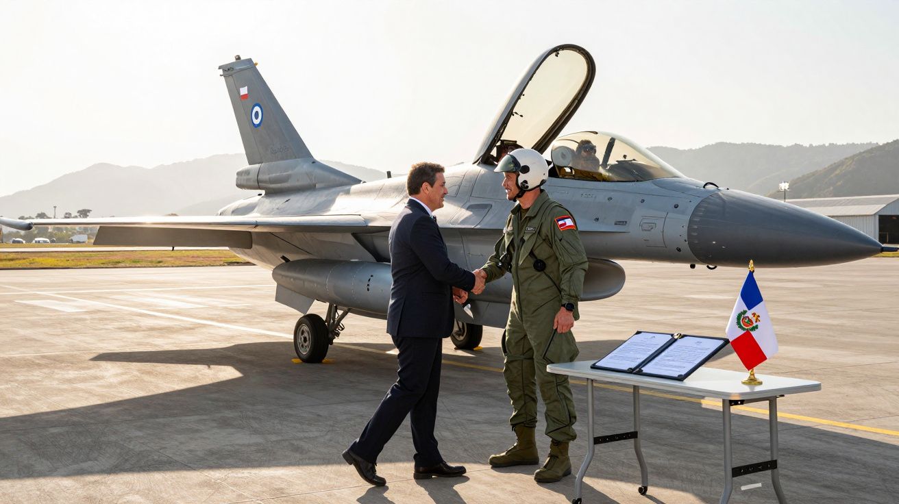 Piloto de caça e oficial civil apertam as mãos numa pista junto a avião militar e mesa com bandeira.