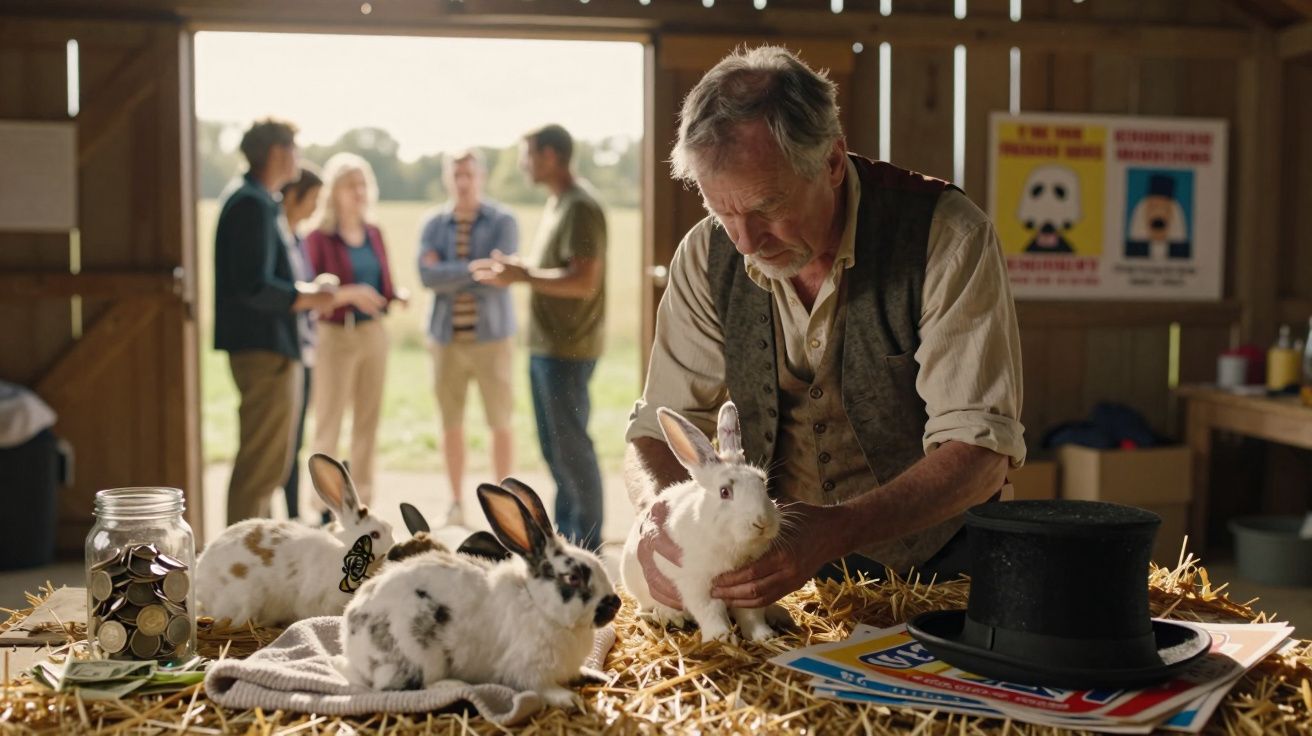 Homem a cuidar de coelhos numa sala com palha e pessoas ao fundo a conversar.