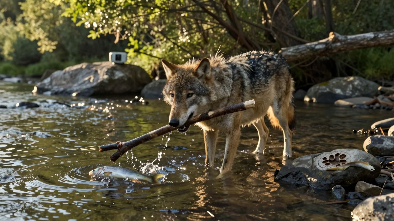 Lobo de pé na água com um pau na boca, capturando um peixe num rio rodeado de pedras e árvores.