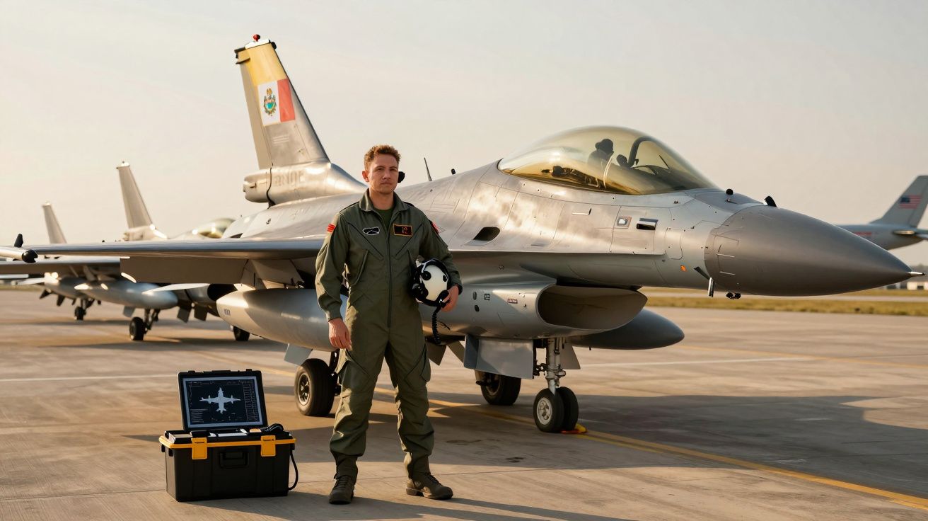 Piloto militar em fato de voo verde está em pé junto a um caça F-16 estacionado numa pista de voo.