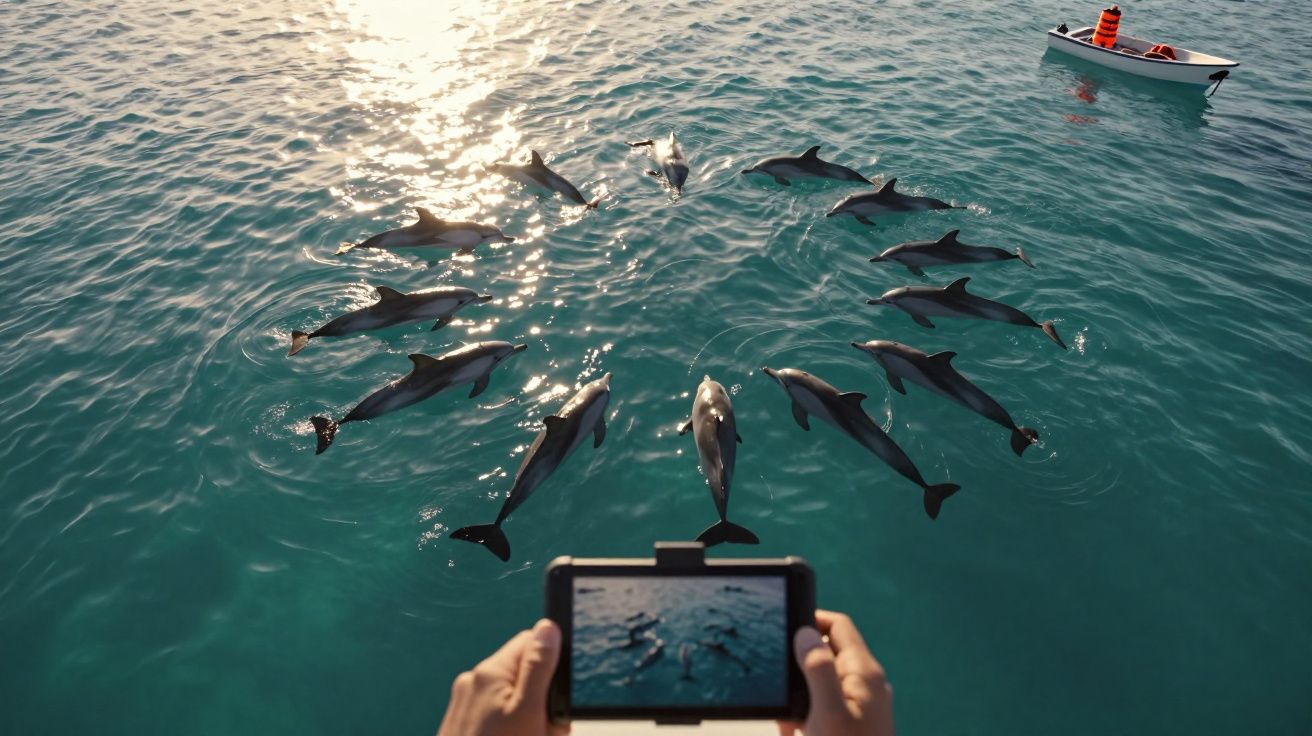 Pessoa a tirar foto de grupo de golfinhos no mar com pequeno barco ao fundo.