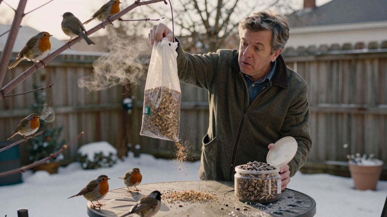 Homem a alimentar pássaros com sementes num jardim com neve, enquanto os pássaros pousam em ramos e na mesa.