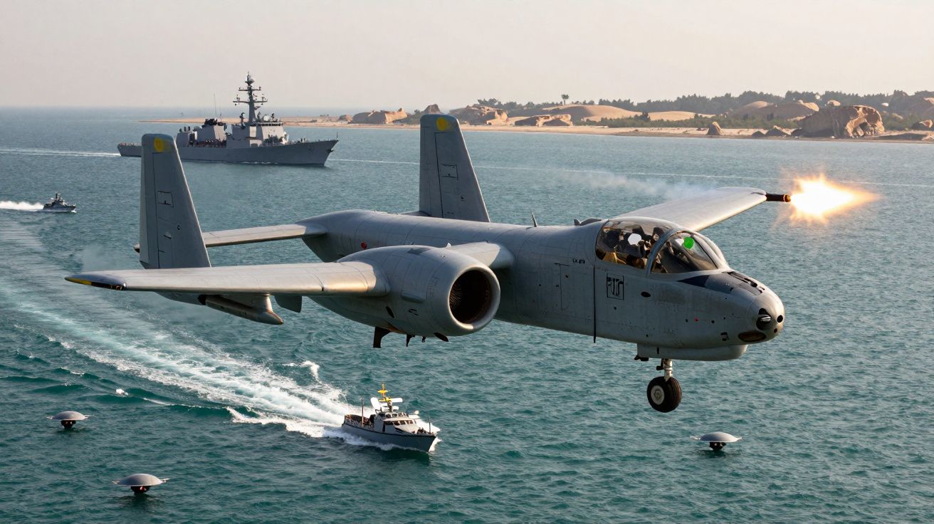 Avião militar a disparar mísseis sobre o mar com navios de guerra ao fundo e barcos em movimento.