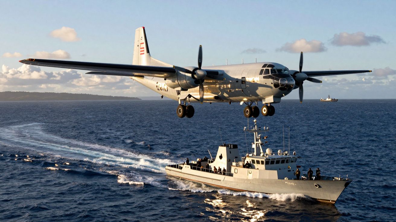 Avião militar a voar baixo sobre um navio de patrulha no mar ao pôr do sol.