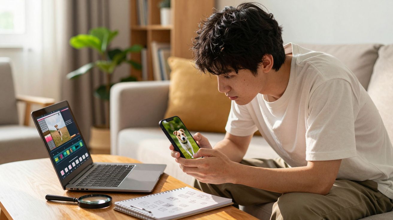 Jovem sentado no sofá a olhar para o ecrã do telemóvel com foto de cão, laptop e caderno numa mesa à frente.