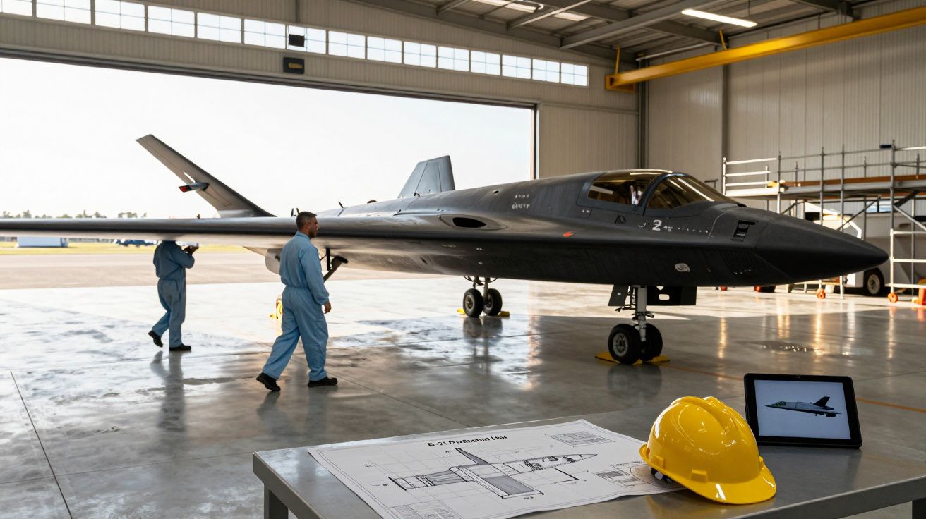 Aeronave furtiva preta em hangar com técnicos em fato de trabalho azul e planta técnica numa mesa com capacete amarelo.