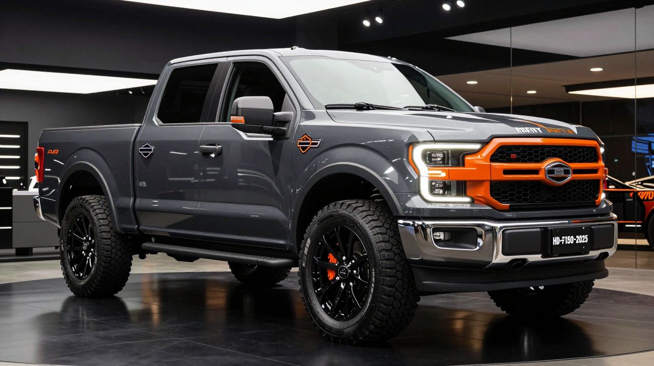 Pick-up Ford F-150 cinza com detalhes em laranja exposta em espaço interior moderno e refletor.