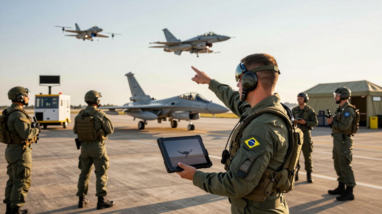 Militares brasileiros com equipamento tático assistem à descolagem de caças na pista de um aeroporto militar.