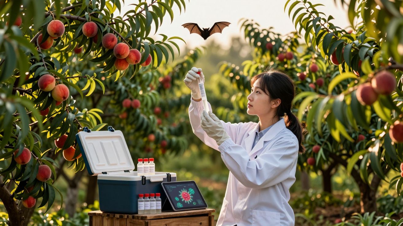 Cientista em campo com árvores de pêssego, analisando amostra em tubo de ensaio enquanto um morcego voa.