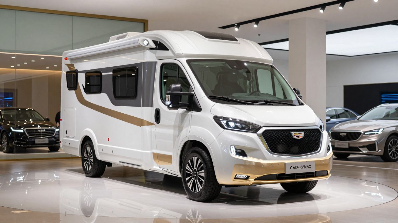 Autocaravana branca com detalhes dourados exposta numa sala de exposição moderna e iluminada.