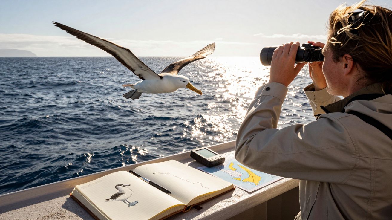 Pessoa observa ave marinha voando sobre o mar com binóculos, ao lado de livro e mapa sobre bordo de barco.