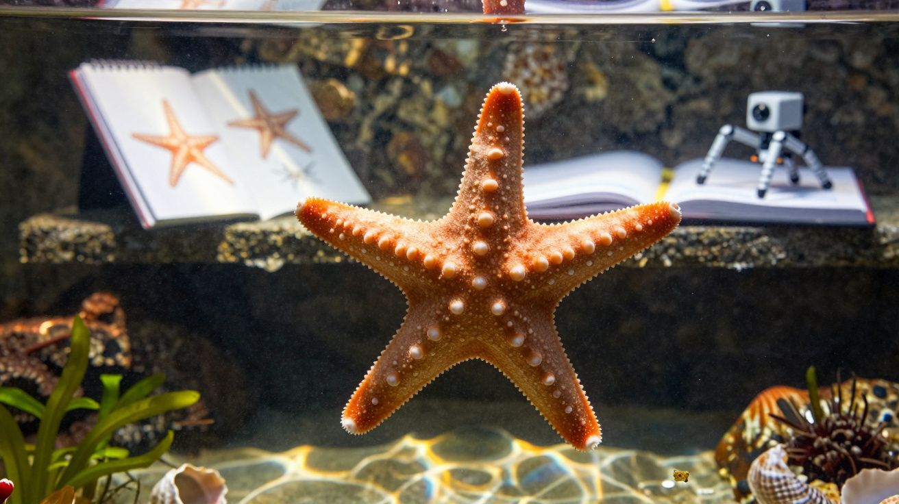 Estrela-do-mar laranja em aquário com livro aberto e plantas aquáticas ao fundo.