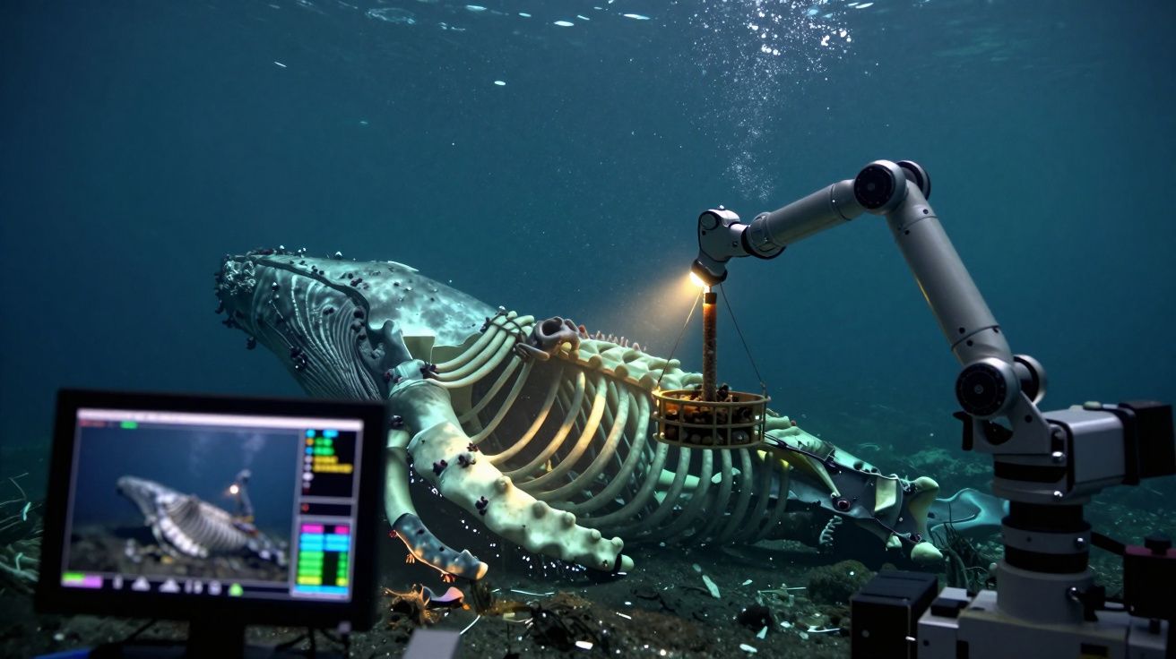 Robô subaquático investiga esqueleto gigante de criatura marinha com monitor ao lado.