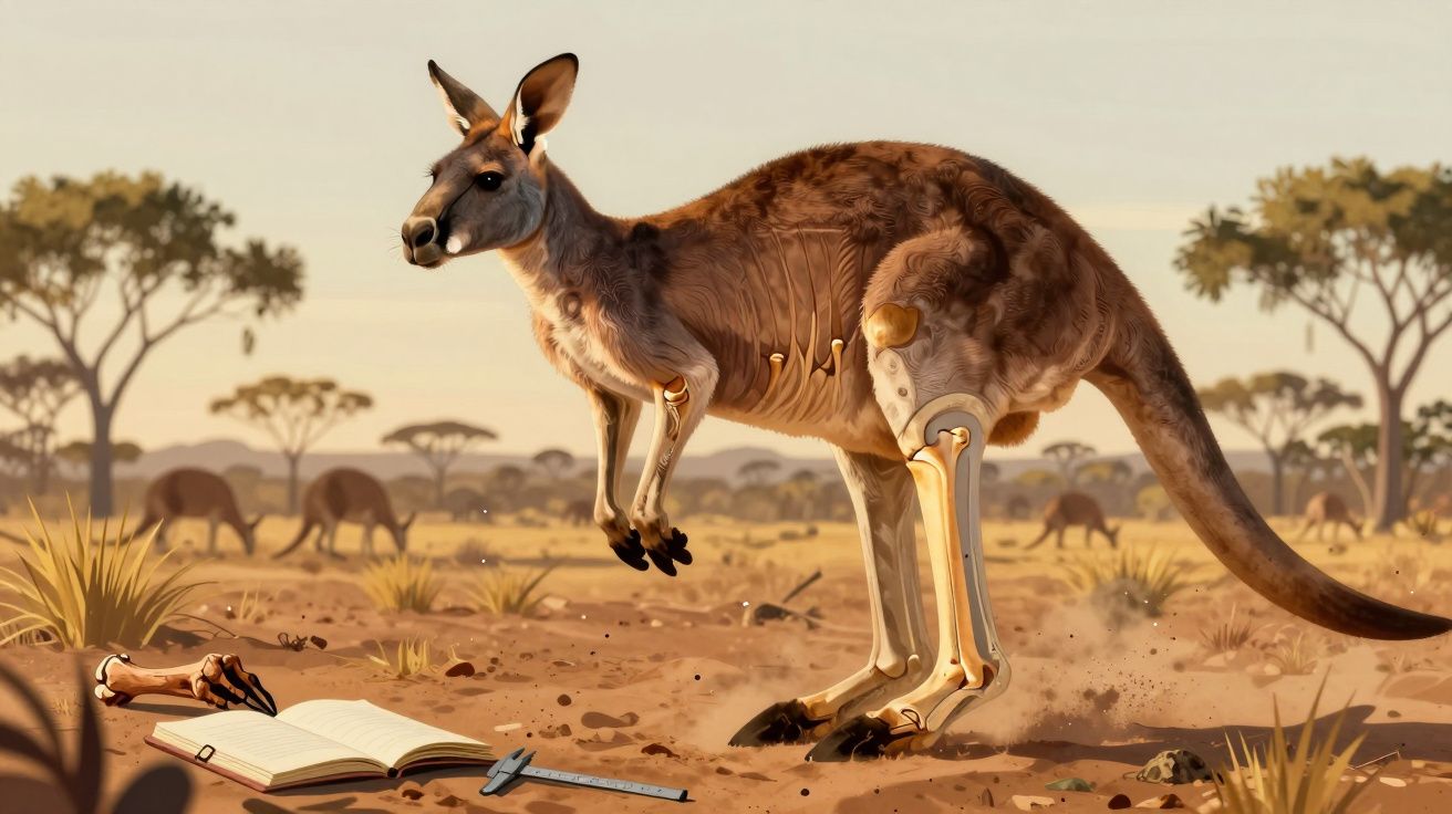 Canguru com esqueleto visível em paisagem seca, junto a livro aberto e caliper no chão.