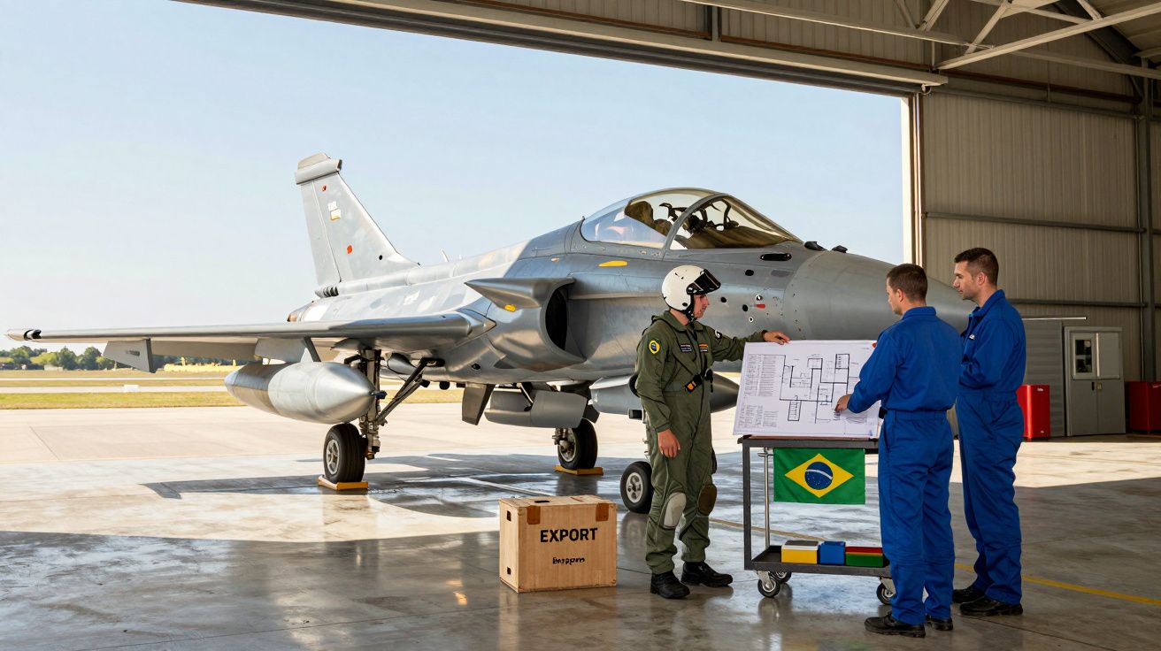 Três profissionais em uniforme junto a avião militar num hangar, analisando plano sobre carrinho com bandeira do Brasil.