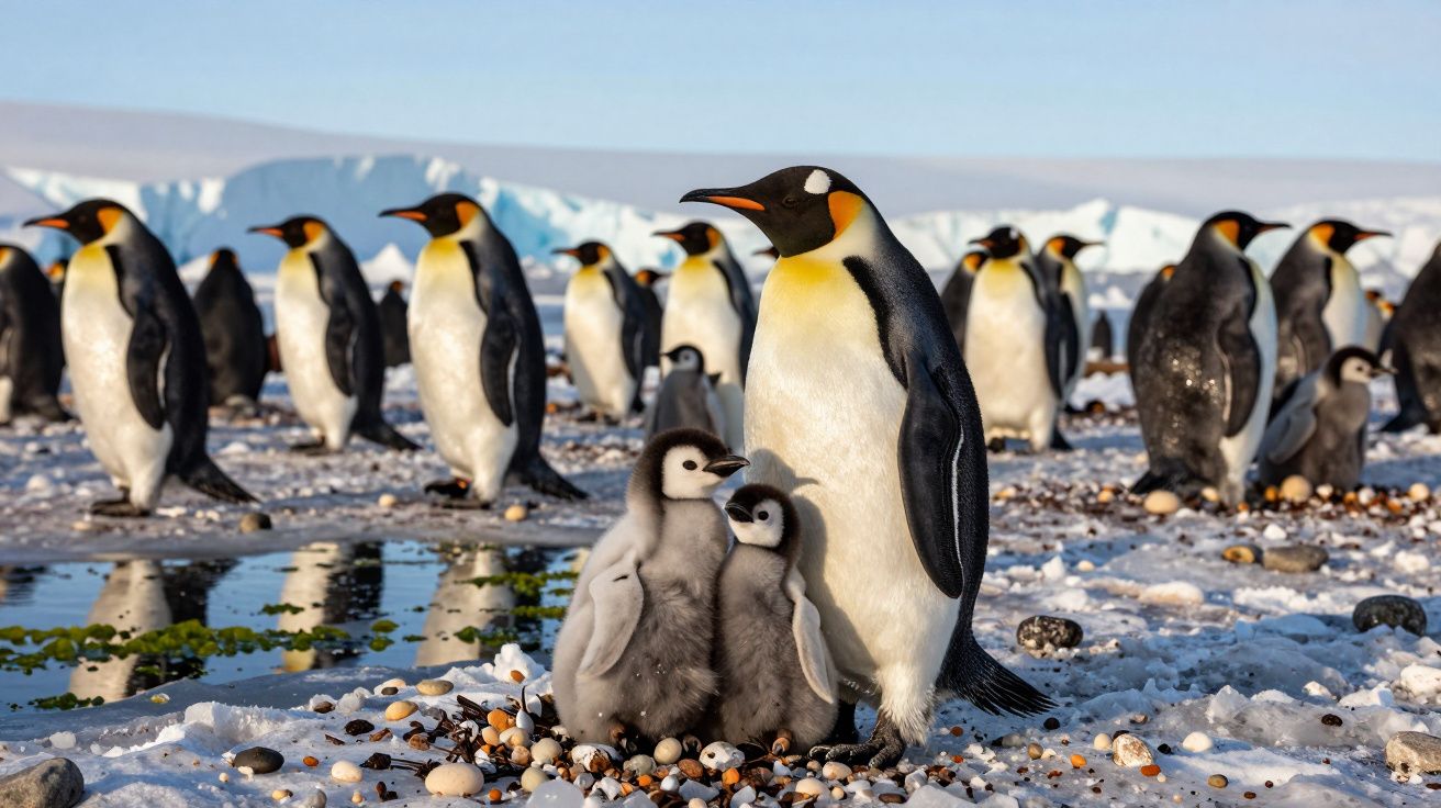 Colónia de pinguins-imperador na neve com pinguim adulto e dois pintainhos cinzentos em destaque.