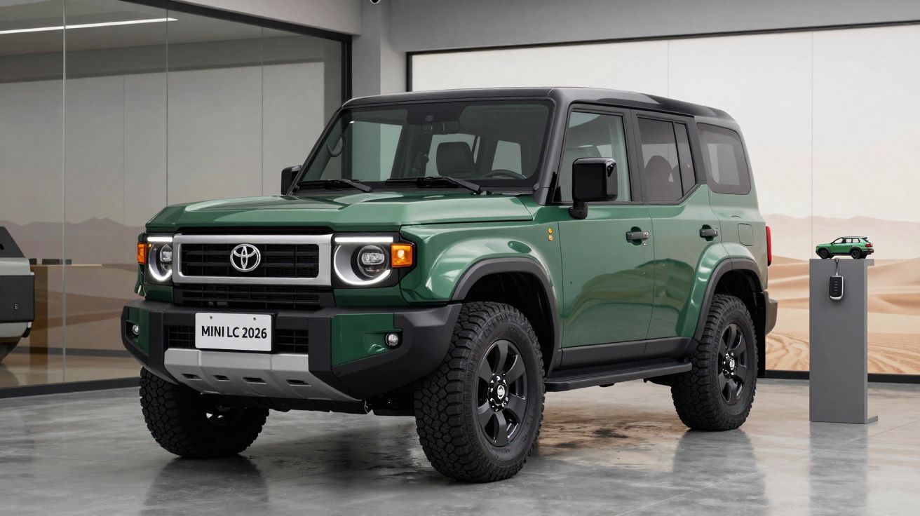 Carro Toyota 4x4 verde fosco com tejadilho preto estacionado num espaço interior moderno.