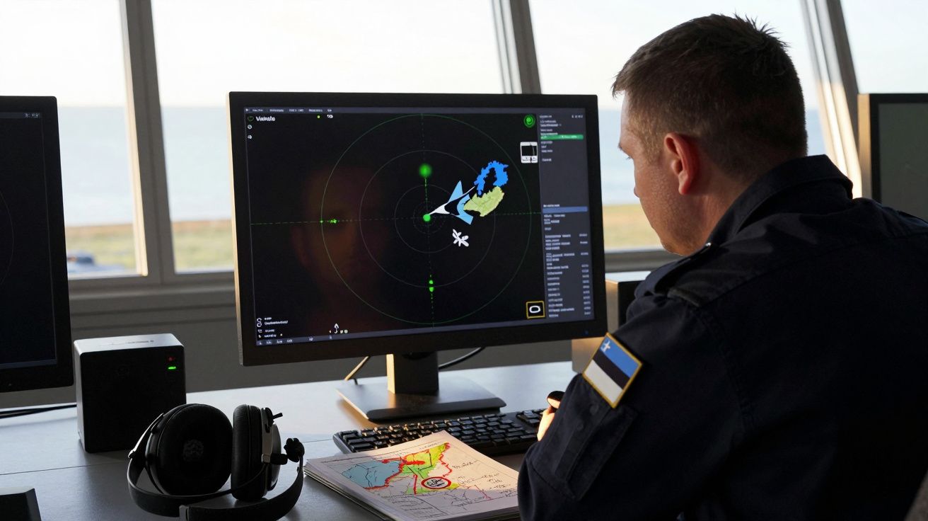 Homem em uniforme a monitorizar radar com mapa marítimo numa estação de controlo junto à janela.