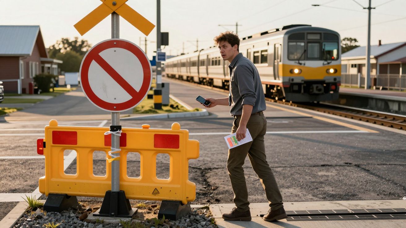 Homem atravessa passadeira junto a comboio parado e sinal de proibição de passagem.