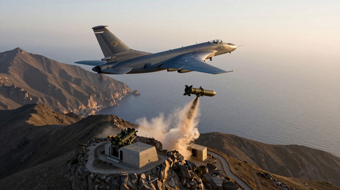 Avião militar a lançar uma bomba sobre base militar em montanha junto ao mar ao pôr do sol.